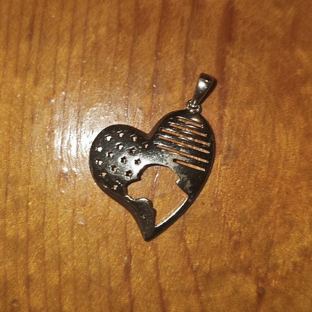 Stamped 925 Sterling Silver Heart Big Dog Head Stripes Stars Cutout Pendant
